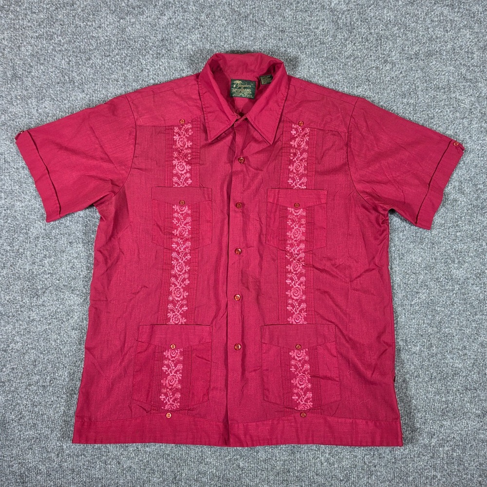 Haband Guayabera Shirt Men Large Burgundy Red Embroidered Short Sleeve Button Up